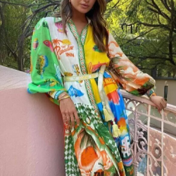 Paradise Colorful Button Down Belted Maxi Collared Shirt Midi Dress 2XL - Picture 2 of 10